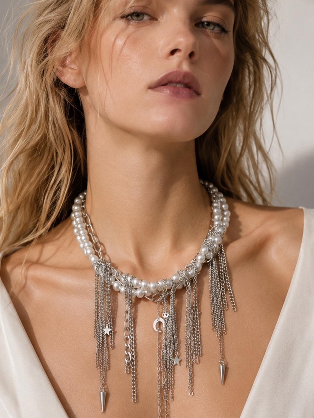 Elegant Silver Pearl  Statement Necklace